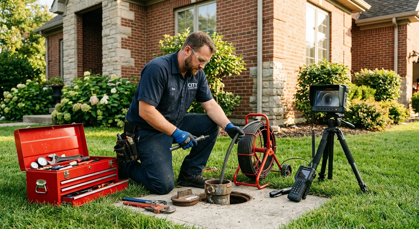 Sewer specialist with camera equipment servicing a cleanout in Plano