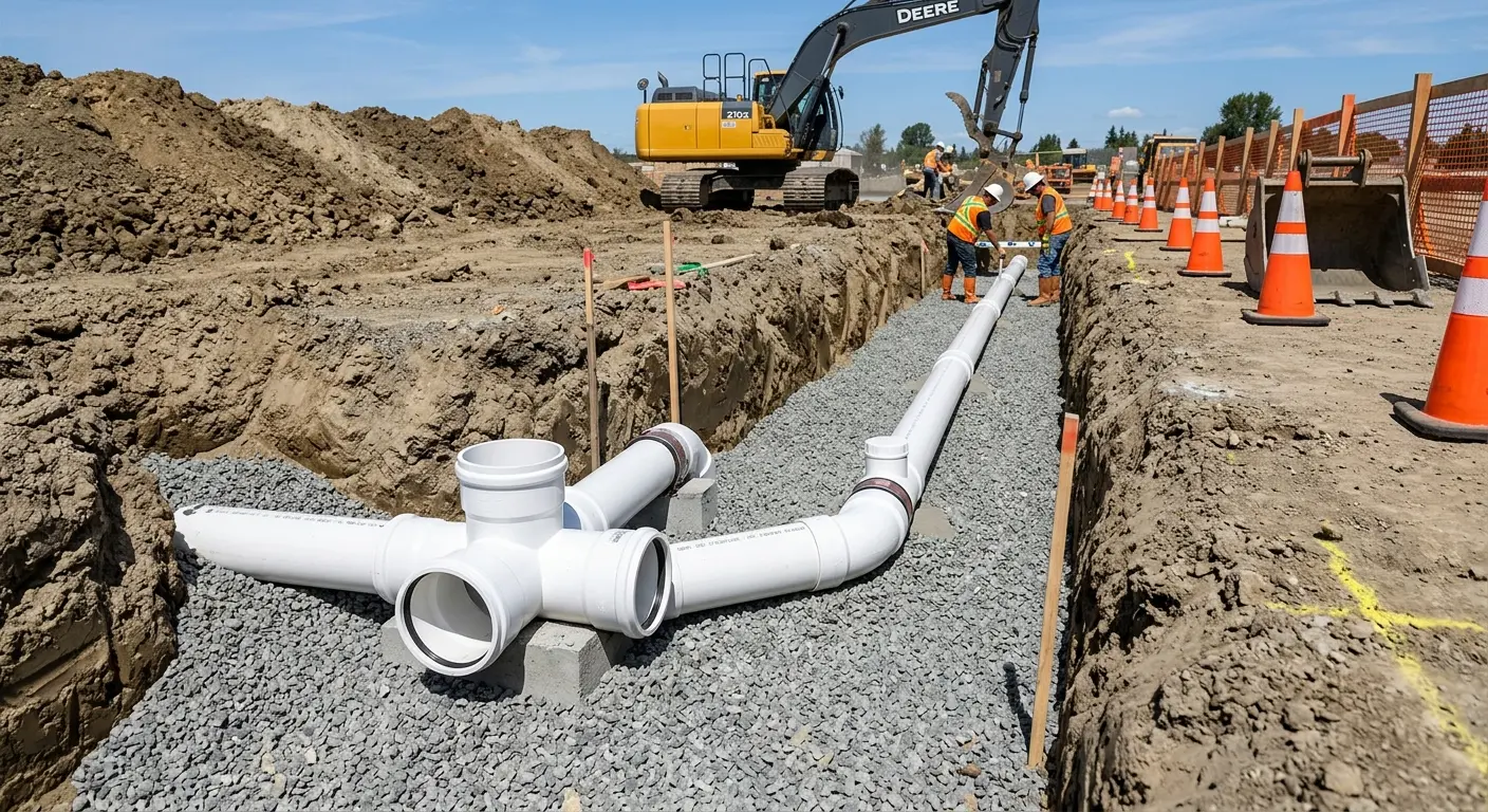 New PVC sewer pipe installation in open trench for Commercial Drain Cleaning in Plano