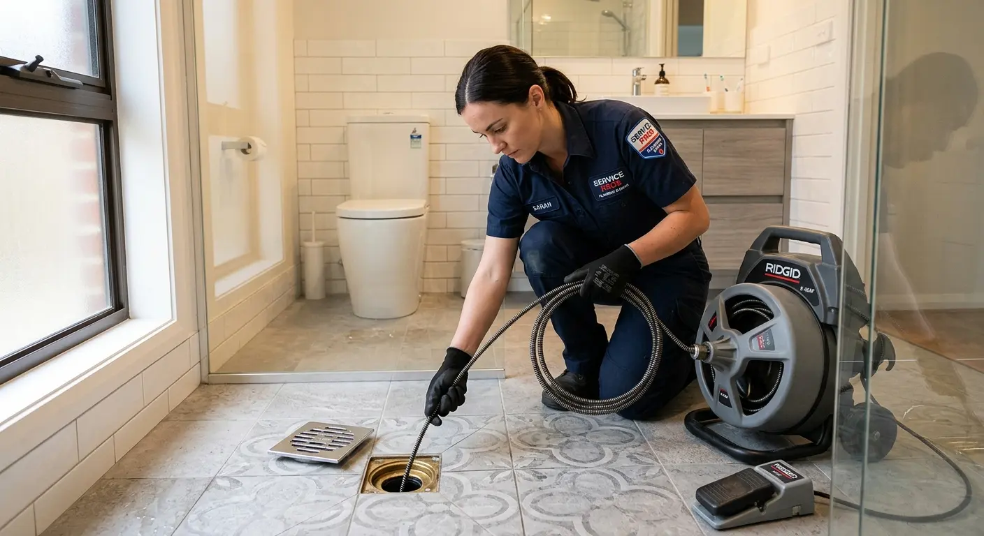Technician clearing a bathroom floor drain for Drain Repair in Plano